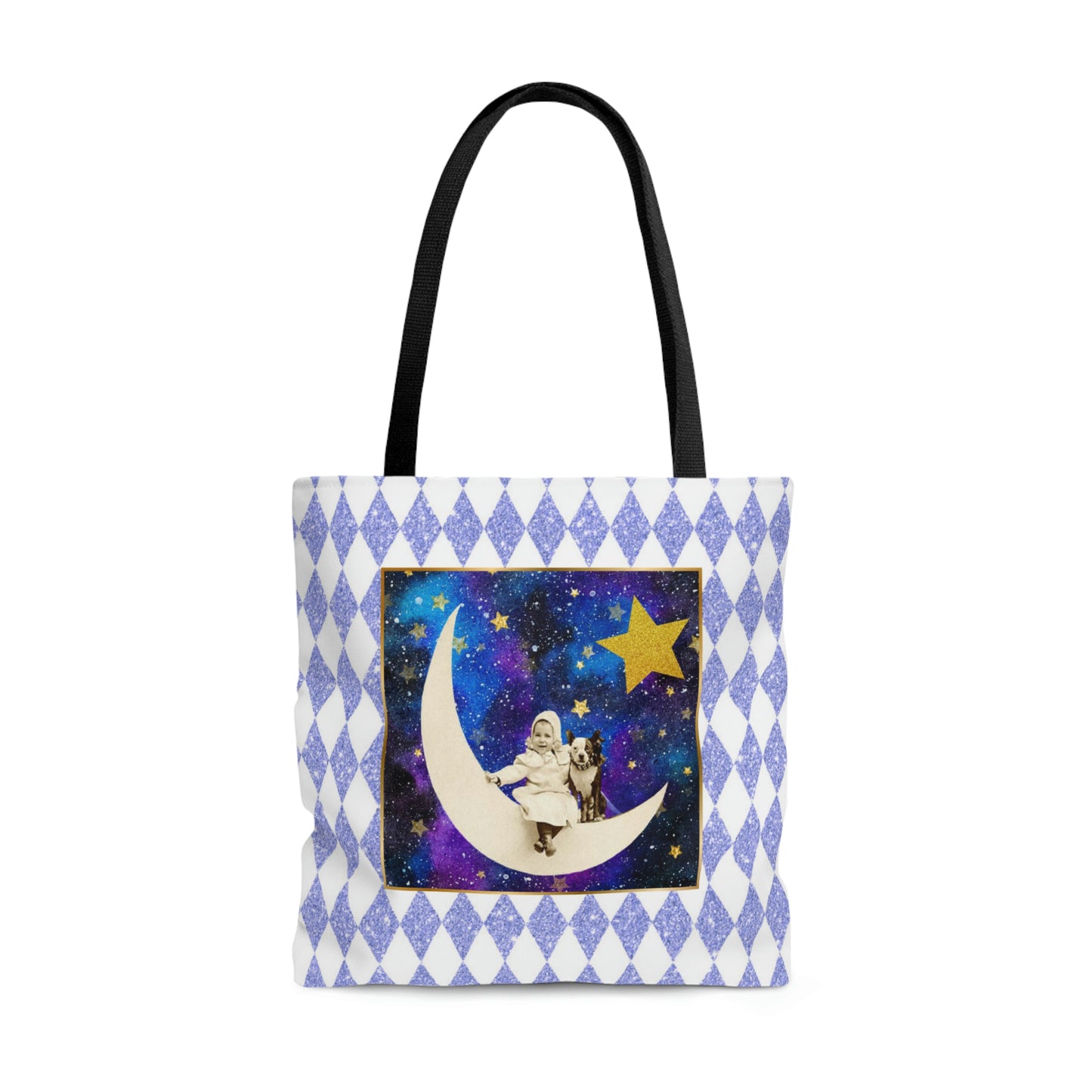 Cute Shopping Tote Bag, 3 sizes, Periwinkle Glitter Harlequin Print, Vintage Photo Girl on Crescent Moon, Boston Terrier, Gold Stars Accent