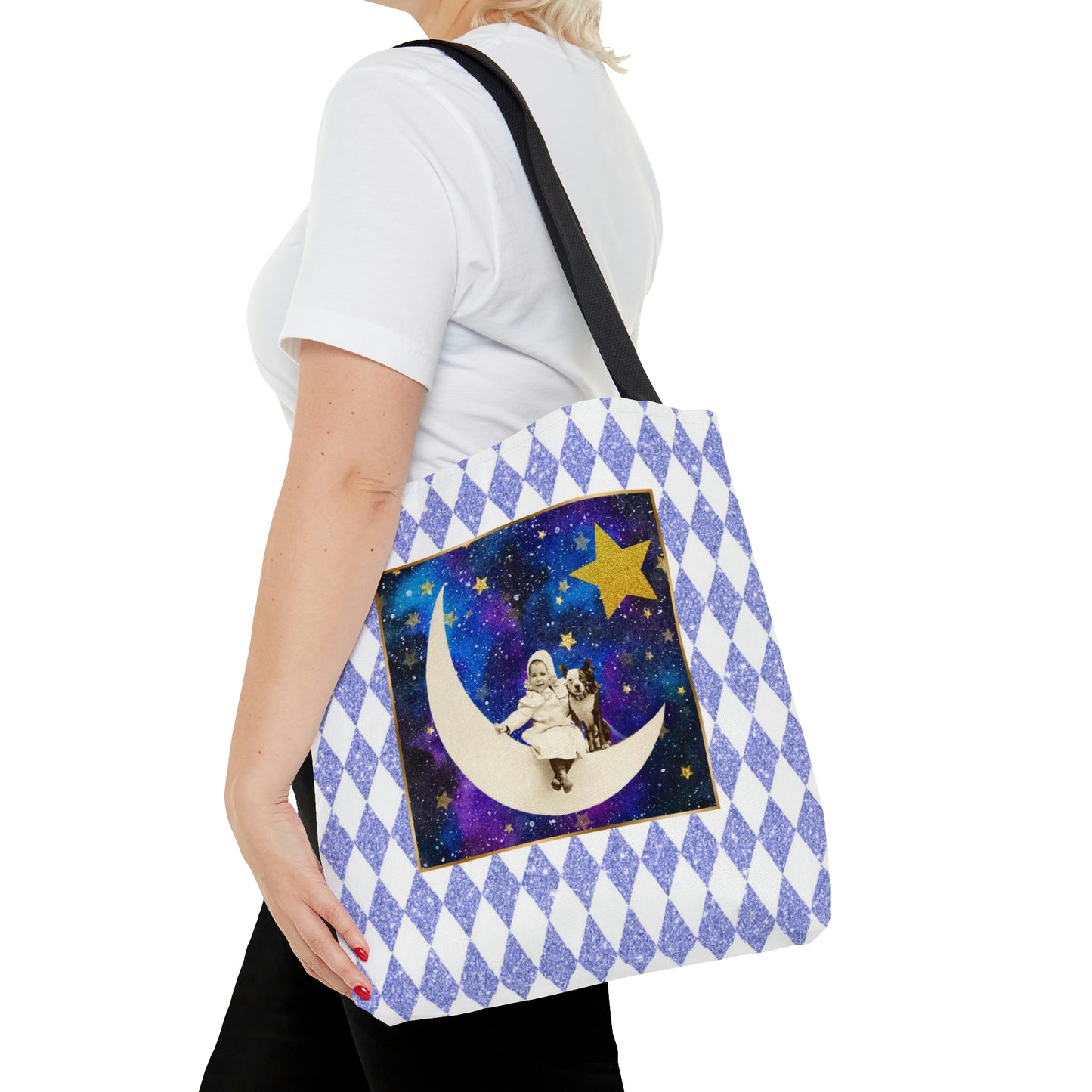 Cute Shopping Tote Bag, 3 sizes, Periwinkle Glitter Harlequin Print, Vintage Photo Girl on Crescent Moon, Boston Terrier, Gold Stars Accent