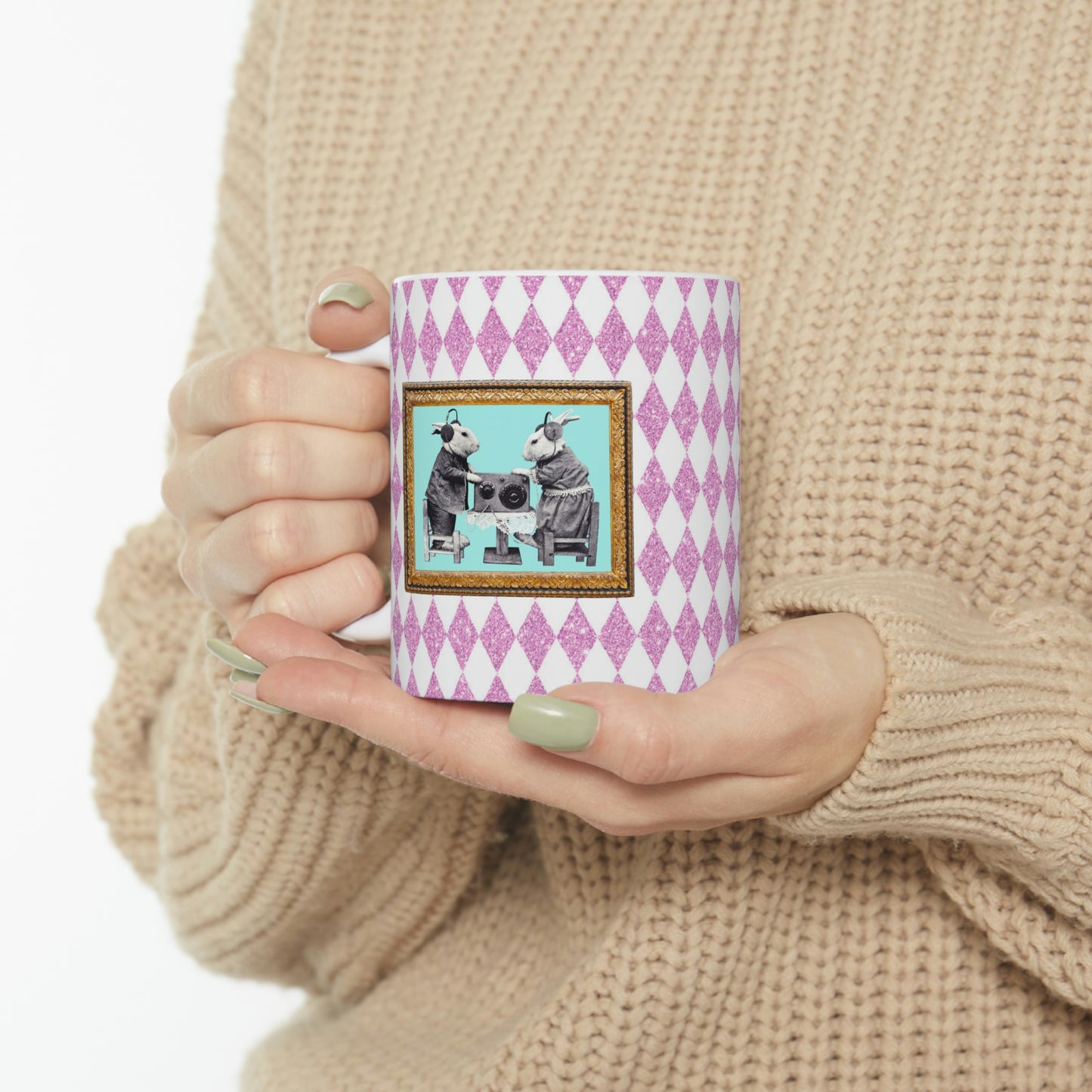 Bunnies in Headphones Ceramic Mug 11oz, Hot Pink Harlequin Glitter Print, Vintage Dressed Rabbits Photo, Easter Spring Mug