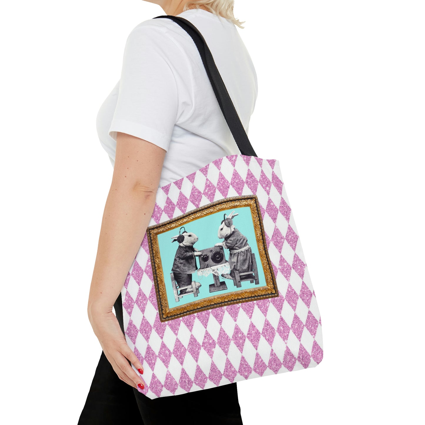 Cute Shopping Tote Bag in 3 Sizes, Bunnies in Headphones Vintage Photo, Hot Pink Harlequin Glitter Print, Bunny Lover Gift, Easter Spring