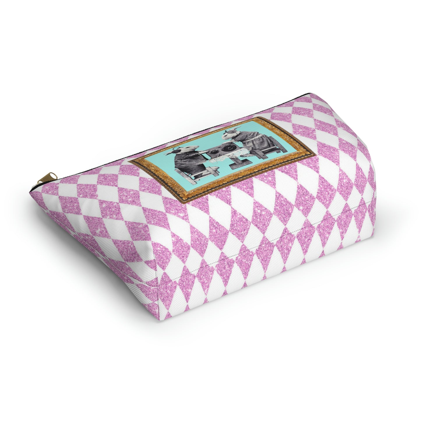 Bunnies in Headphones Graphic on T-Bottom Travel Pouch Bag, Hot Pink Glitter Print Harlequin Background, Two Convenient Size Options