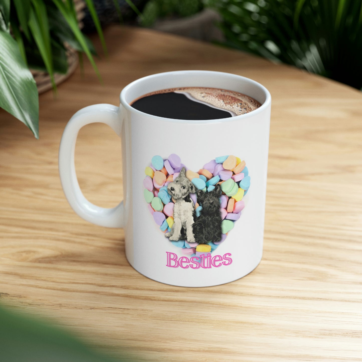 Valentine Hearts "Besties" Mug, Cute Dogs and Candy Hearts Ceramic Mug 11oz Galentine's Day Gift