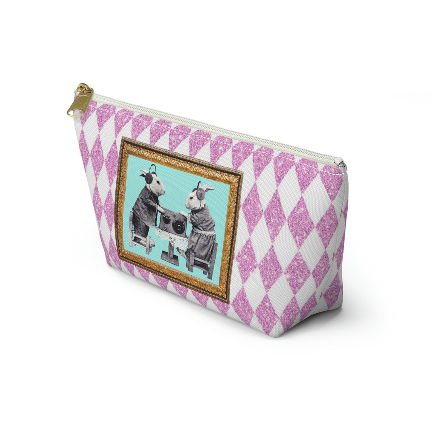 Bunnies in Headphones Graphic on T-Bottom Travel Pouch Bag, Hot Pink Glitter Print Harlequin Background, Two Convenient Size Options