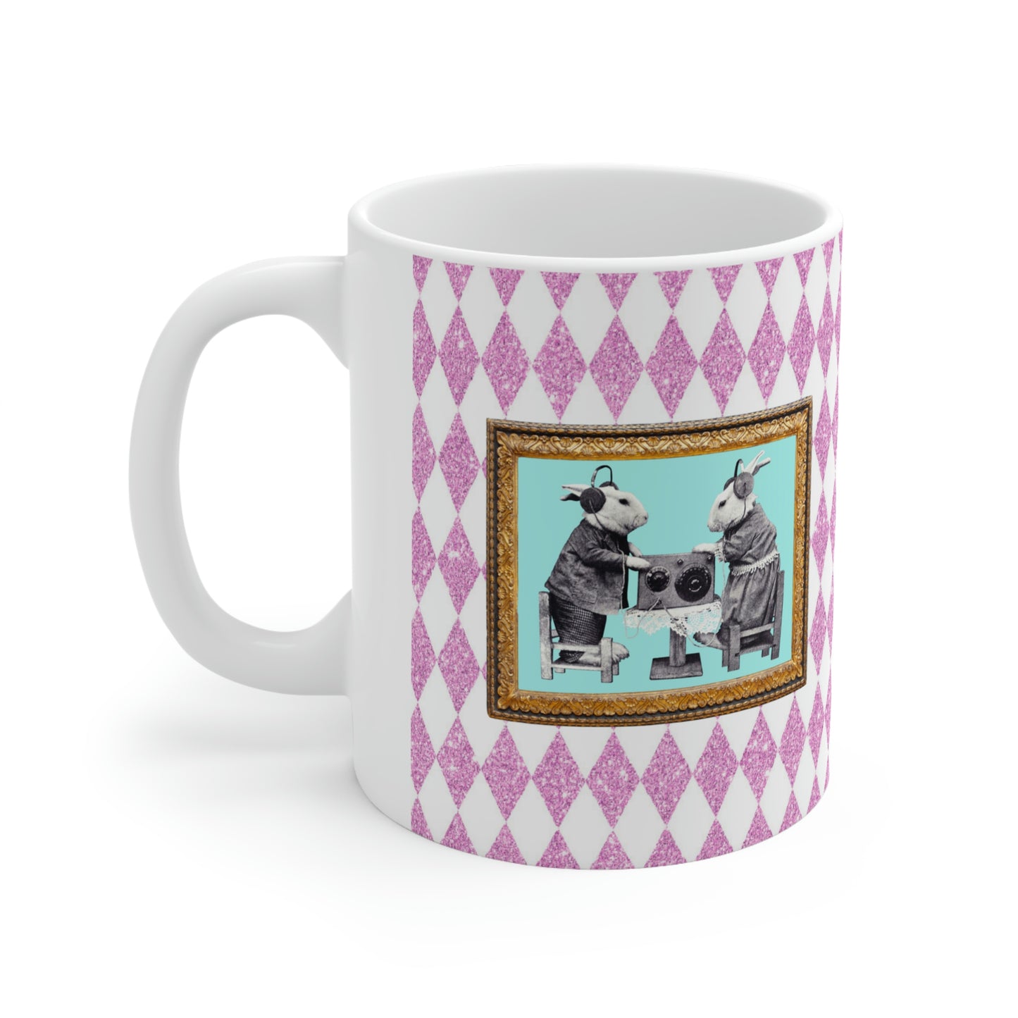 Bunnies in Headphones Ceramic Mug 11oz, Hot Pink Harlequin Glitter Print, Vintage Dressed Rabbits Photo, Easter Spring Mug