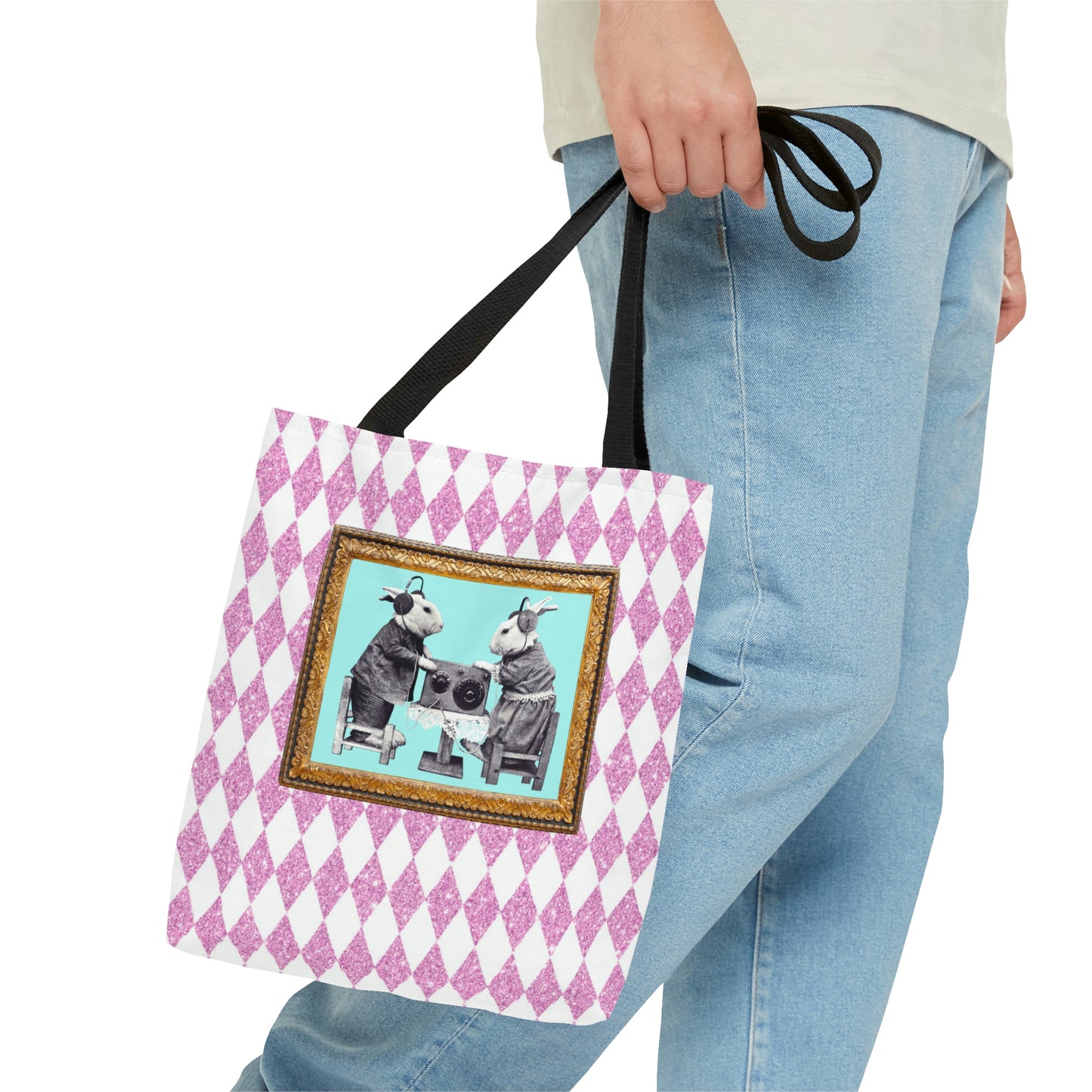 Cute Shopping Tote Bag in 3 Sizes, Bunnies in Headphones Vintage Photo, Hot Pink Harlequin Glitter Print, Bunny Lover Gift, Easter Spring