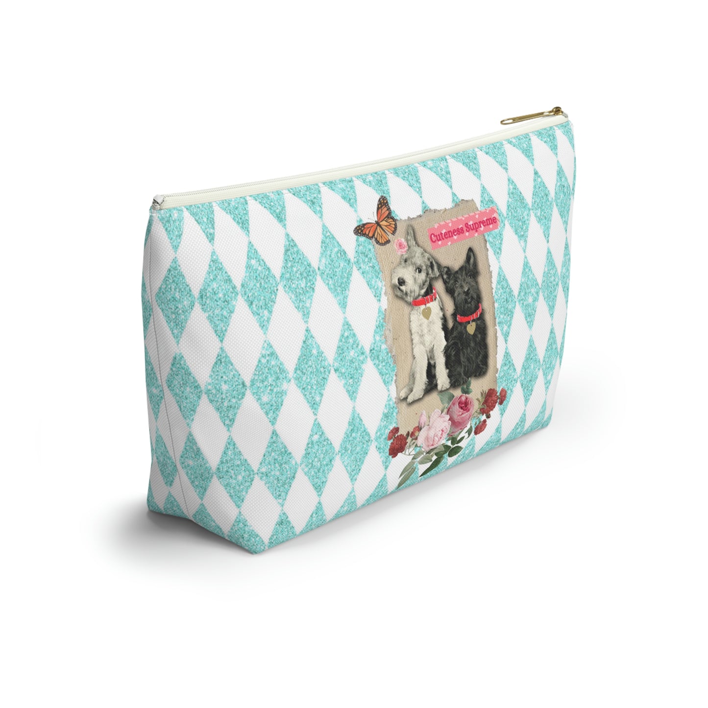Super Cute T-Bottom Travel Pouch Makeup Bag, Jack Russell and Scotty Dog Graphic, Aqua Glitter Harlequin Print Background, Two Size Options