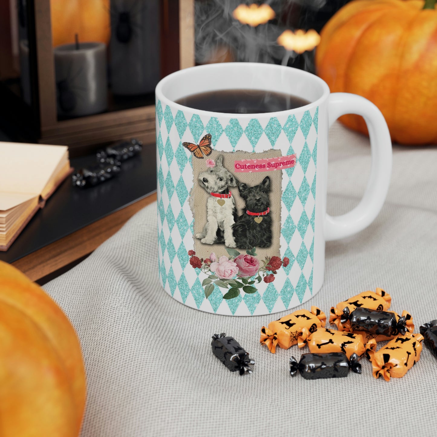 Super Cute, Jack Russell Terrier and Scotty Dog, Ceramic 11oz Mug, Pretty Aqua Harlequin Glitter Print, Roses, Vintage Mixed Media Graphic