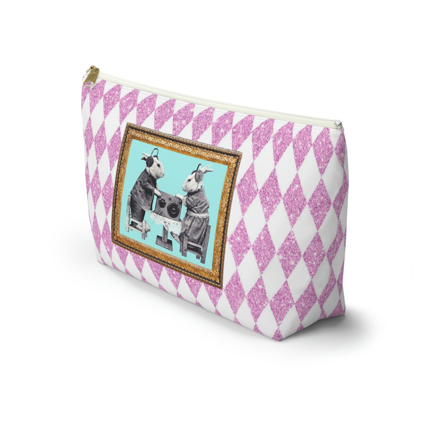 Bunnies in Headphones Graphic on T-Bottom Travel Pouch Bag, Hot Pink Glitter Print Harlequin Background, Two Convenient Size Options