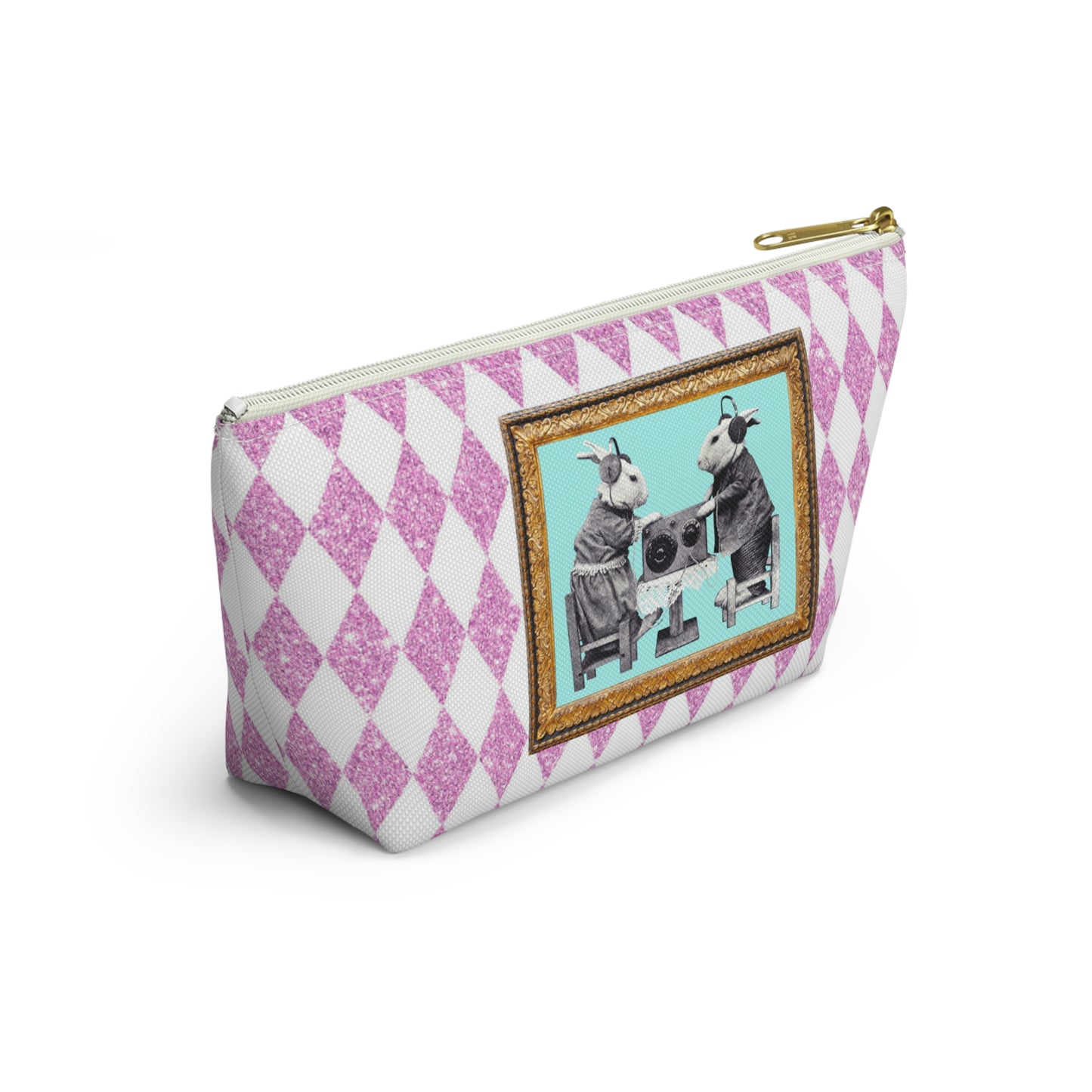 Bunnies in Headphones Graphic on T-Bottom Travel Pouch Bag, Hot Pink Glitter Print Harlequin Background, Two Convenient Size Options
