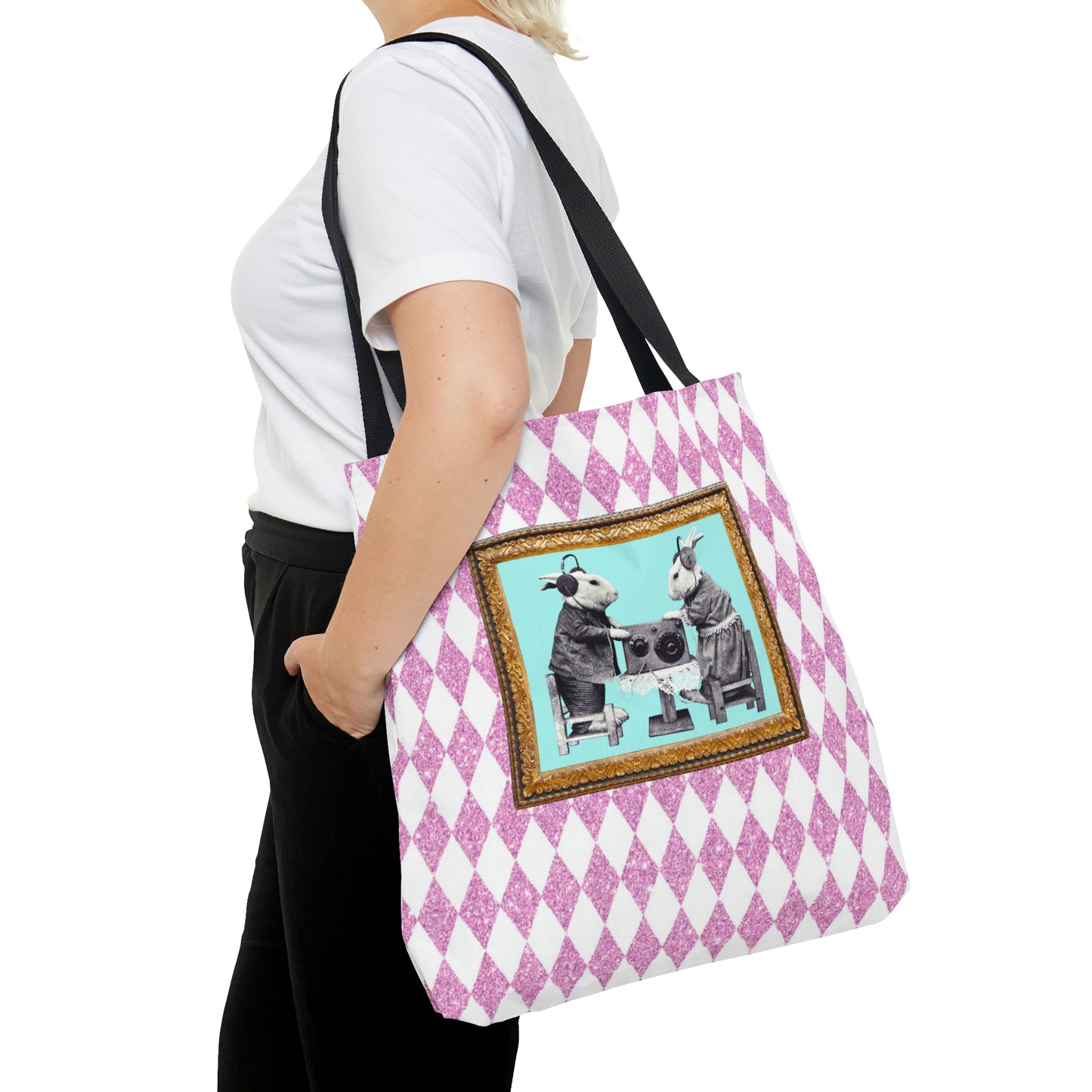 Cute Shopping Tote Bag in 3 Sizes, Bunnies in Headphones Vintage Photo, Hot Pink Harlequin Glitter Print, Bunny Lover Gift, Easter Spring
