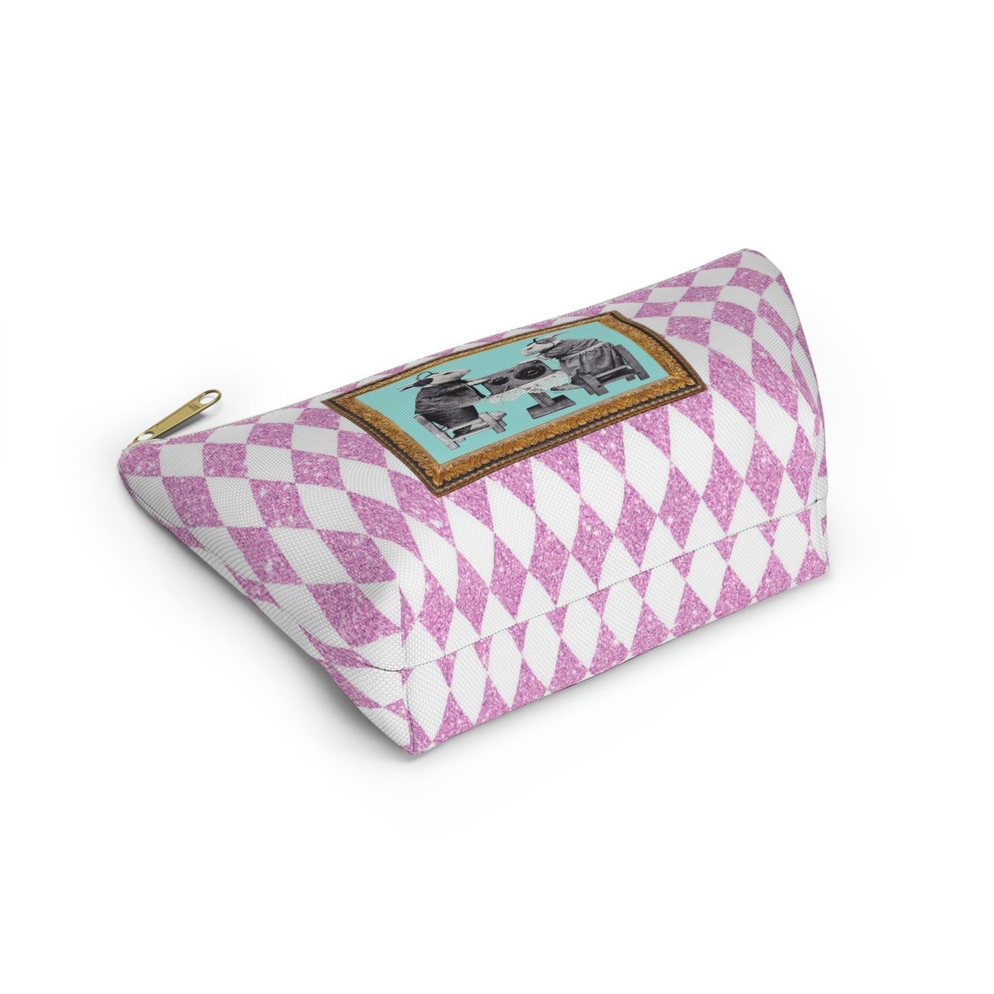 Bunnies in Headphones Graphic on T-Bottom Travel Pouch Bag, Hot Pink Glitter Print Harlequin Background, Two Convenient Size Options