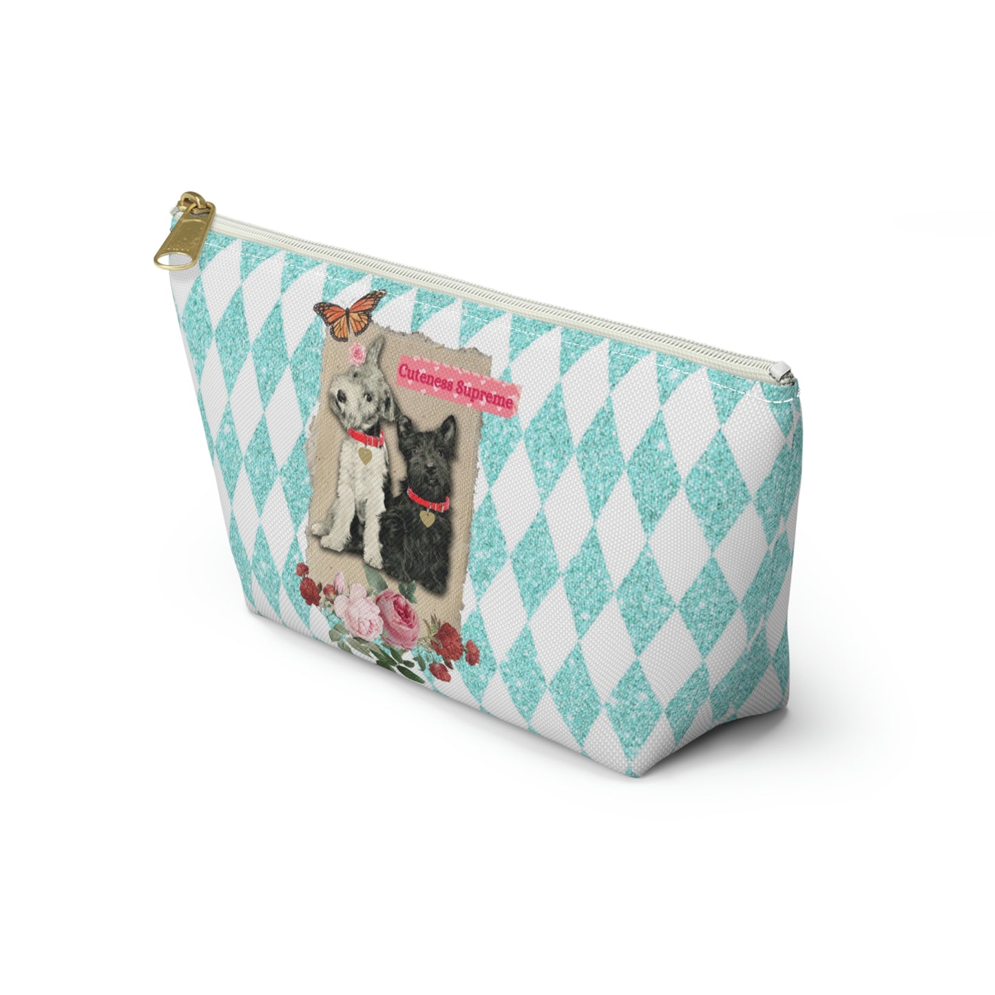Super Cute T-Bottom Travel Pouch Makeup Bag, Jack Russell and Scotty Dog Graphic, Aqua Glitter Harlequin Print Background, Two Size Options