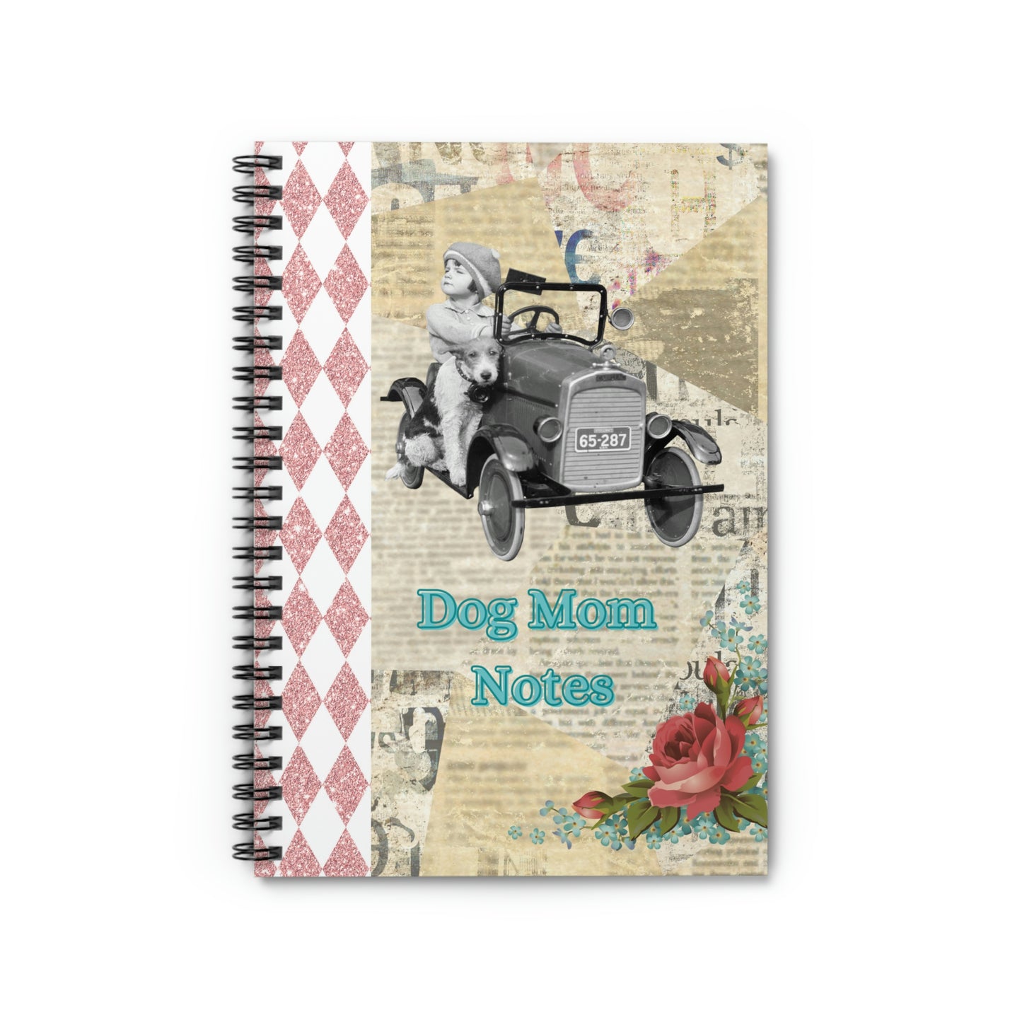 Dog Mom Notes Spiral Notebook, Cute Vintage Girl in Car with Dog, Roses, Newsprint, Glitter Pink Harlequin Detail Collage Mixed Media Print