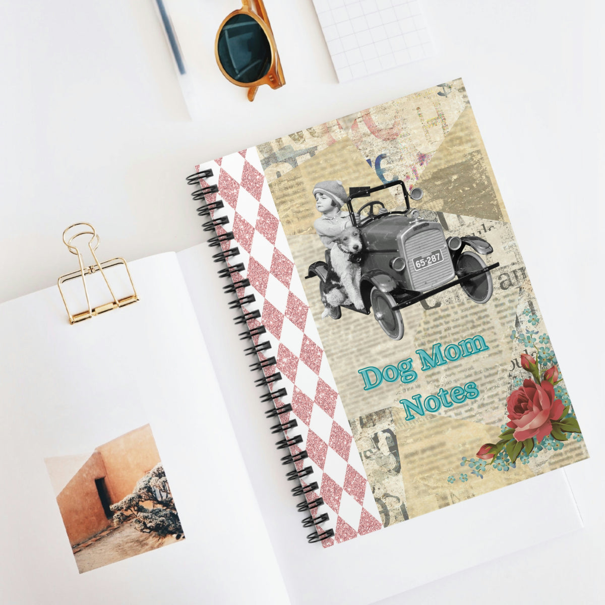 Dog Mom Notes Spiral Notebook, Cute Vintage Girl in Car with Dog, Roses, Newsprint, Glitter Pink Harlequin Detail Collage Mixed Media Print - LEAGUE OF CRAFTY CANINES