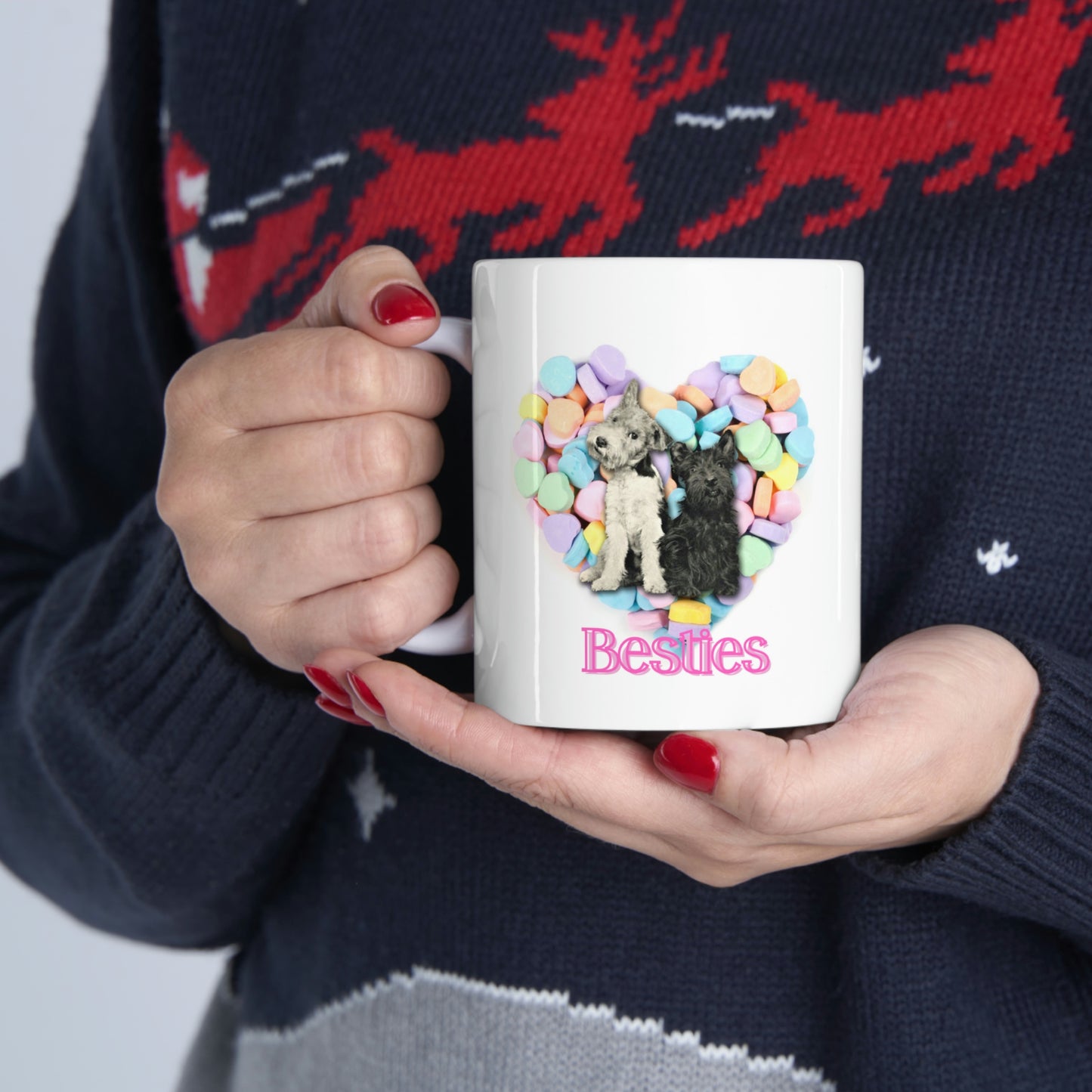 Valentine Hearts "Besties" Mug, Cute Dogs and Candy Hearts Ceramic Mug 11oz Galentine's Day Gift