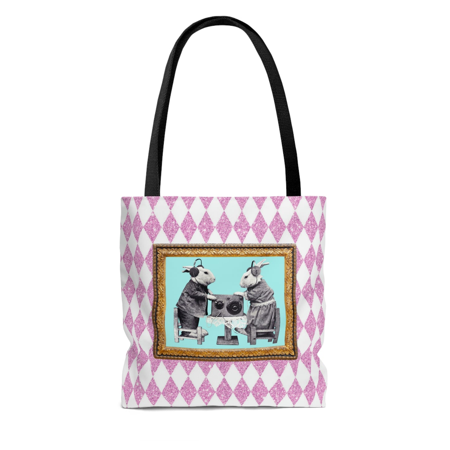 Cute Shopping Tote Bag in 3 Sizes, Bunnies in Headphones Vintage Photo, Hot Pink Harlequin Glitter Print, Bunny Lover Gift, Easter Spring
