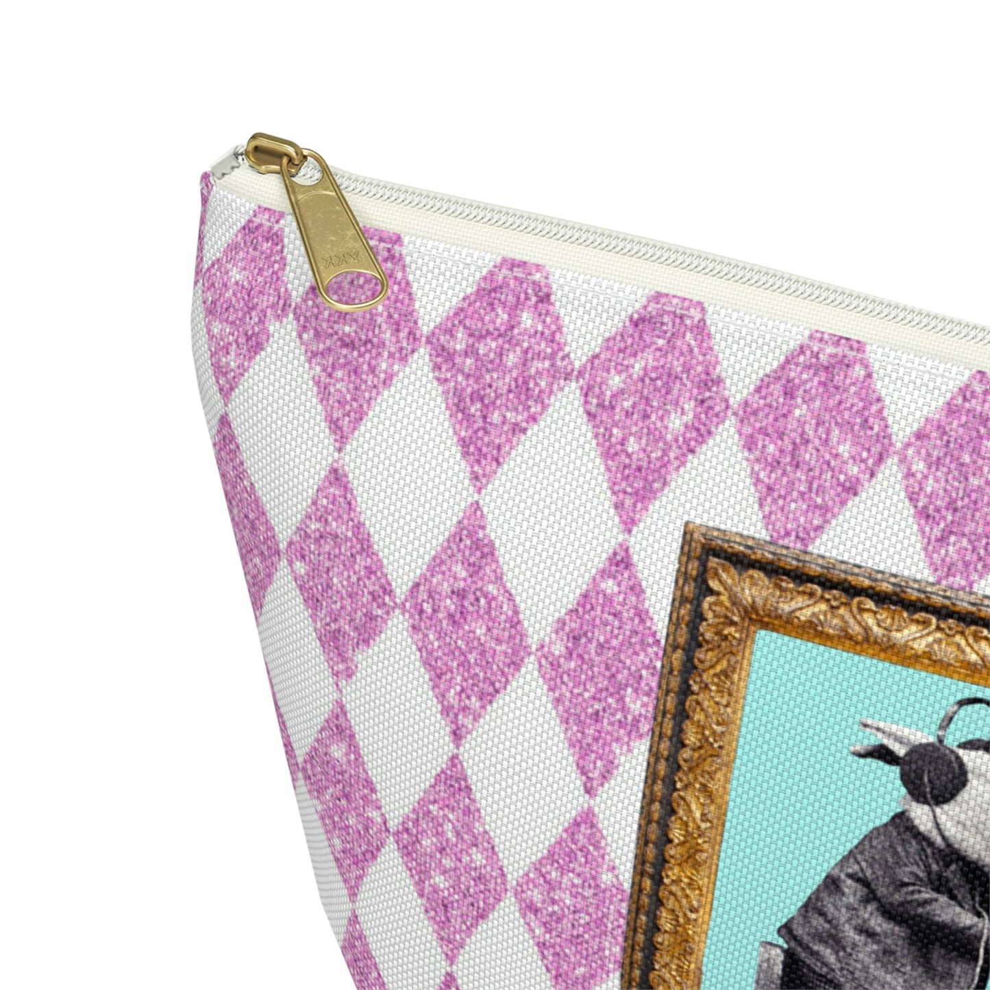 Bunnies in Headphones Graphic on T-Bottom Travel Pouch Bag, Hot Pink Glitter Print Harlequin Background, Two Convenient Size Options