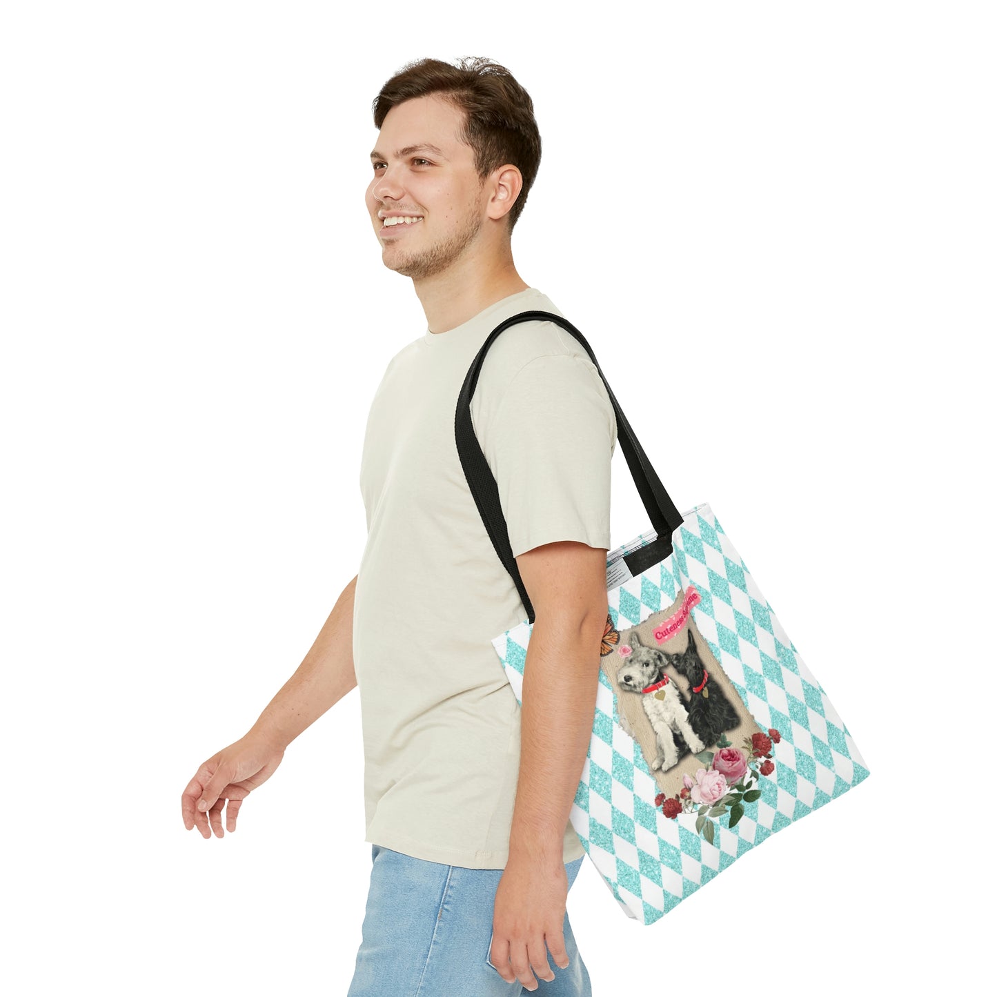 Cute Shopping Tote Bag in 3 Sizes, Aqua Glitter Harlequin Print, Mixed Media Graphic, Vintage Photo Jack Russell Terrier, Scotty Dog, Roses