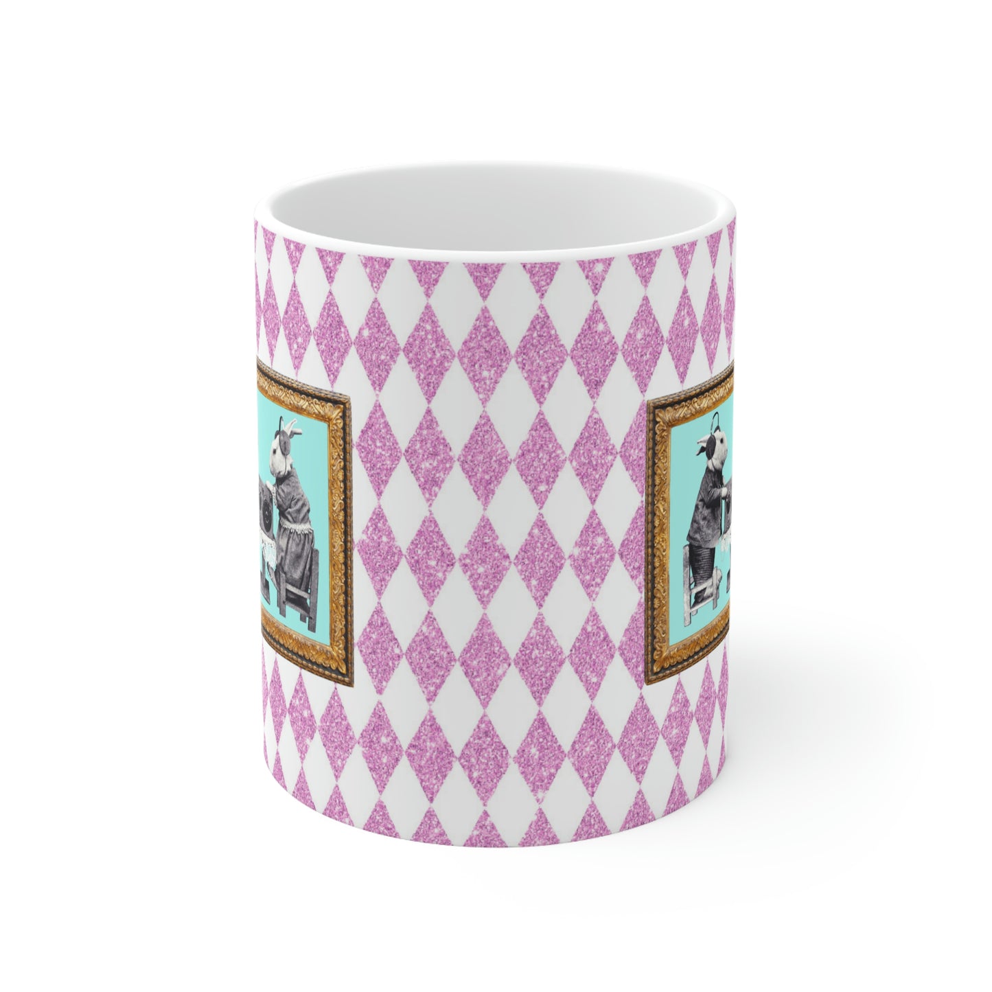 Bunnies in Headphones Ceramic Mug 11oz, Hot Pink Harlequin Glitter Print, Vintage Dressed Rabbits Photo, Easter Spring Mug