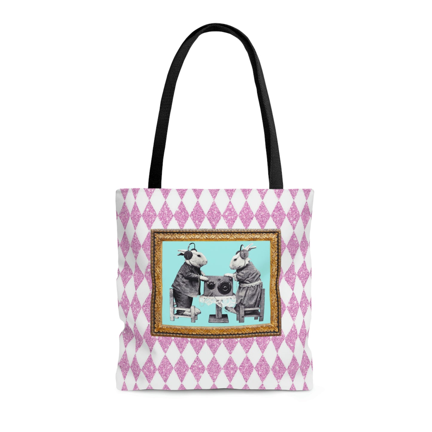 Cute Shopping Tote Bag in 3 Sizes, Bunnies in Headphones Vintage Photo, Hot Pink Harlequin Glitter Print, Bunny Lover Gift, Easter Spring