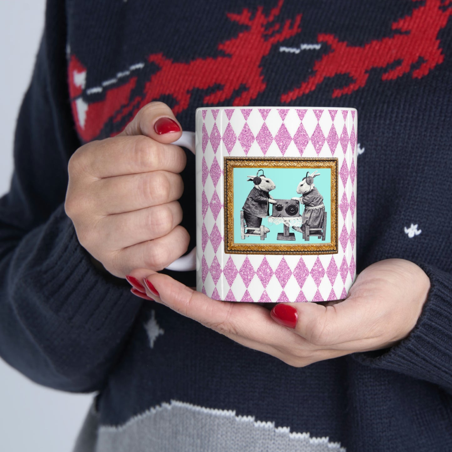 Bunnies in Headphones Ceramic Mug 11oz, Hot Pink Harlequin Glitter Print, Vintage Dressed Rabbits Photo, Easter Spring Mug