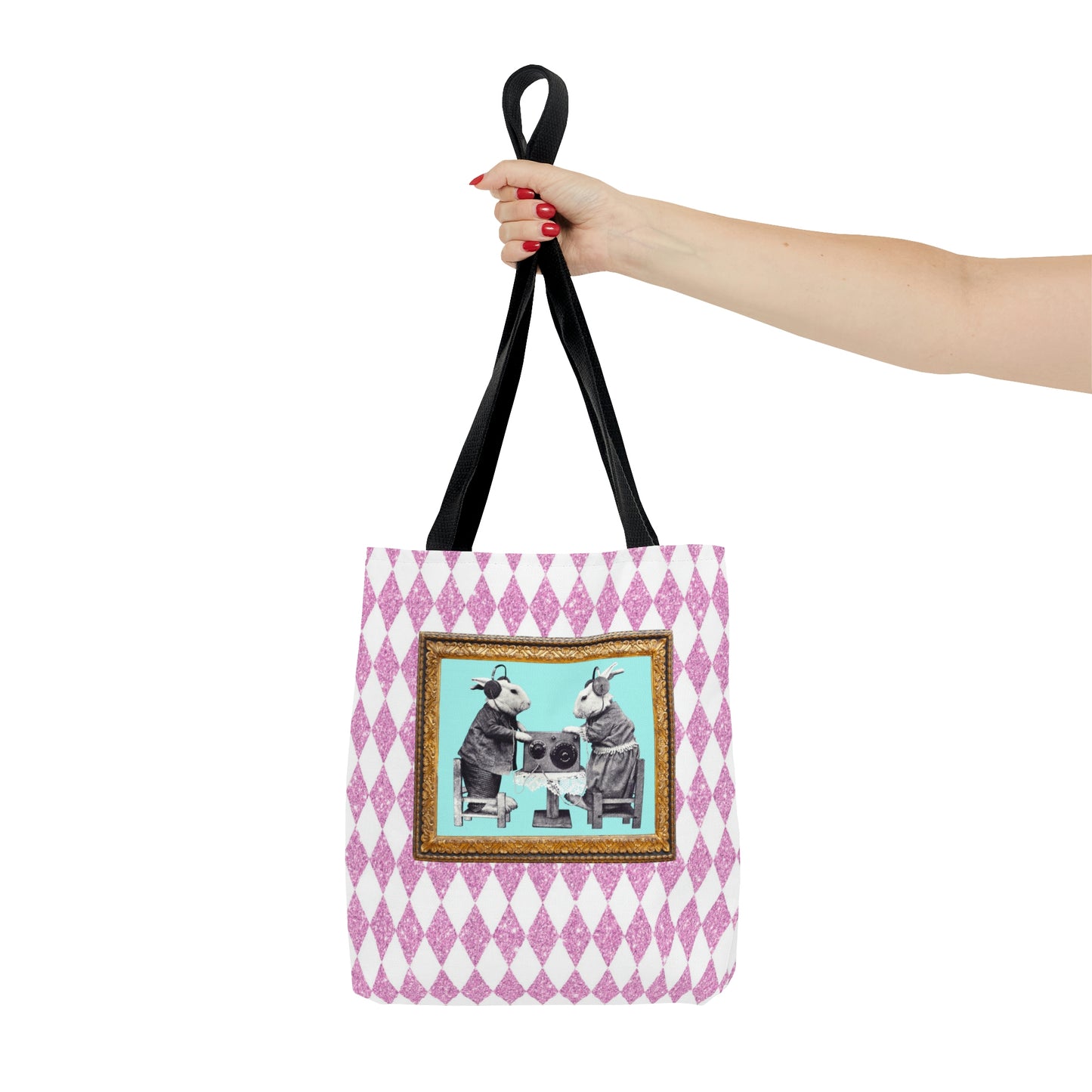 Cute Shopping Tote Bag in 3 Sizes, Bunnies in Headphones Vintage Photo, Hot Pink Harlequin Glitter Print, Bunny Lover Gift, Easter Spring
