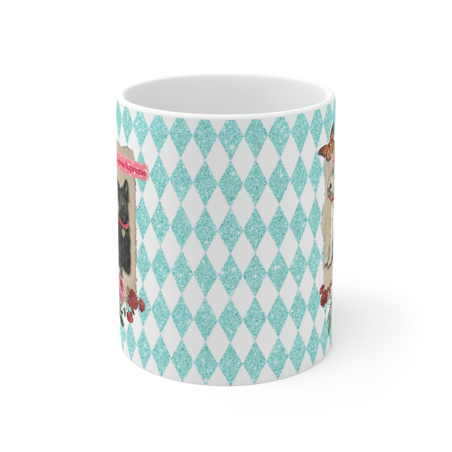 Super Cute, Jack Russell Terrier and Scotty Dog, Ceramic 11oz Mug, Pretty Aqua Harlequin Glitter Print, Roses, Vintage Mixed Media Graphic
