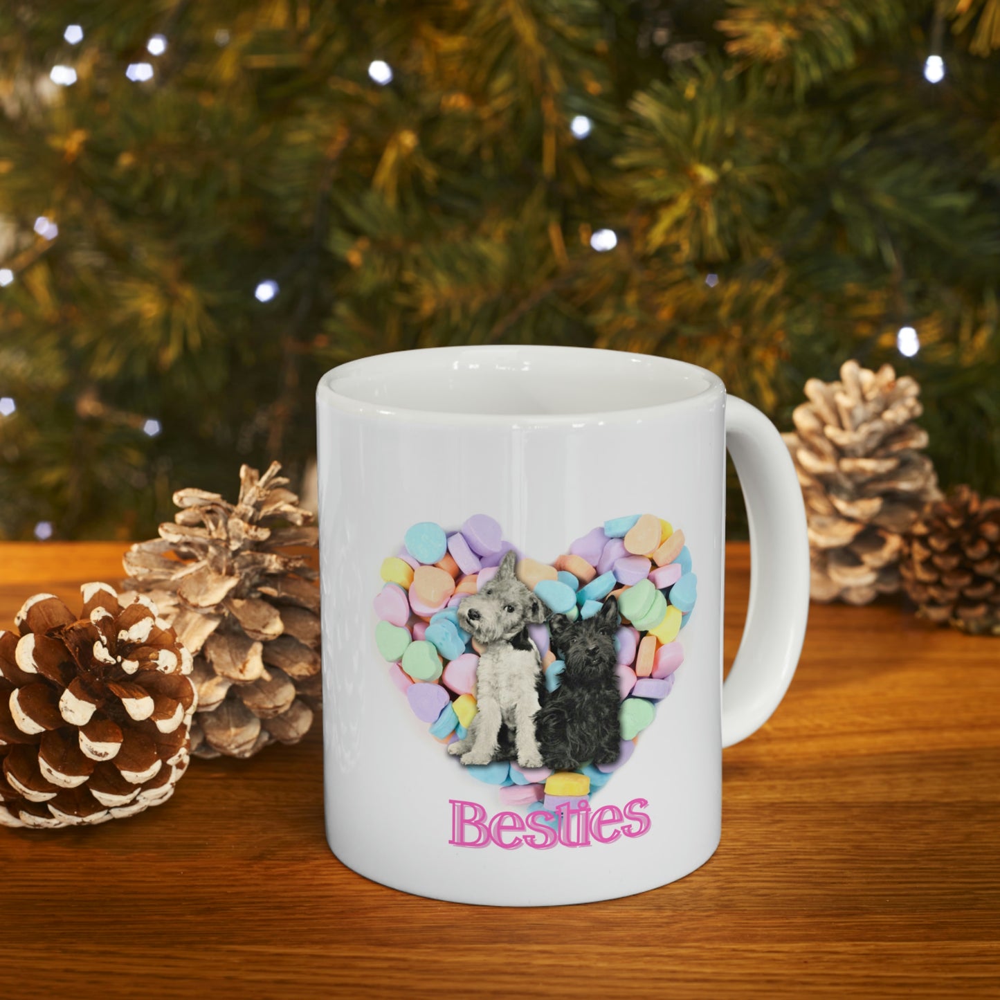 Valentine Hearts "Besties" Mug, Cute Dogs and Candy Hearts Ceramic Mug 11oz Galentine's Day Gift