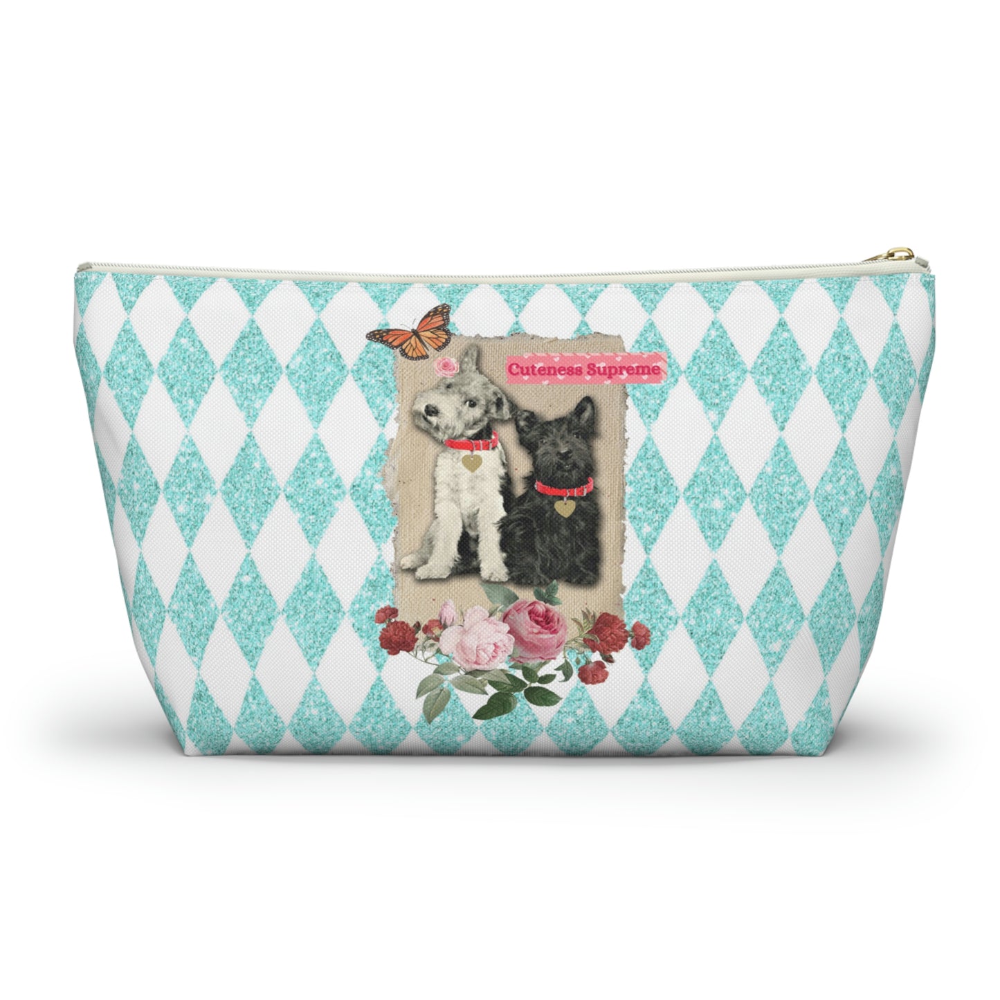 Super Cute T-Bottom Travel Pouch Makeup Bag, Jack Russell and Scotty Dog Graphic, Aqua Glitter Harlequin Print Background, Two Size Options