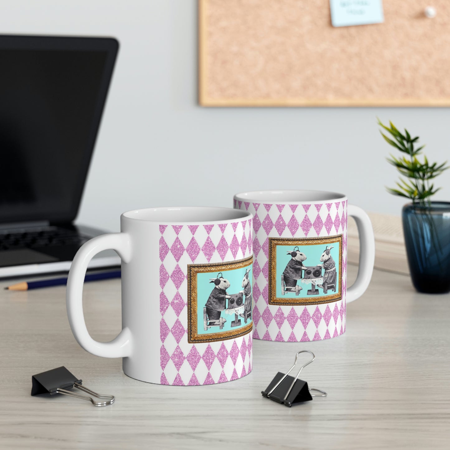 Bunnies in Headphones Ceramic Mug 11oz, Hot Pink Harlequin Glitter Print, Vintage Dressed Rabbits Photo, Easter Spring Mug