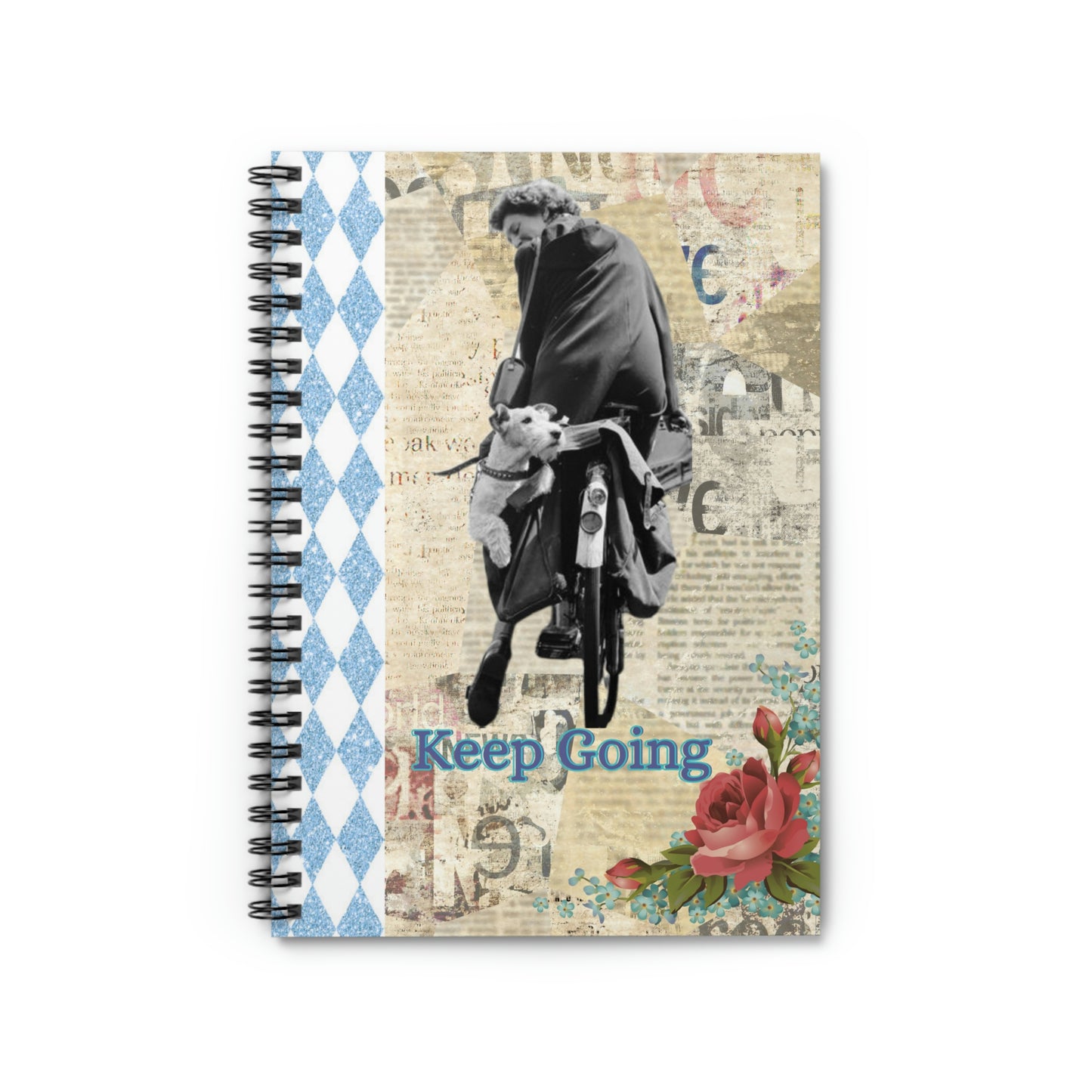 Keep Going spiralbound notebook; Girl on bike, terrier dog riding on the back, mixed media print, blue sparkle harlequin, roses, newsprint