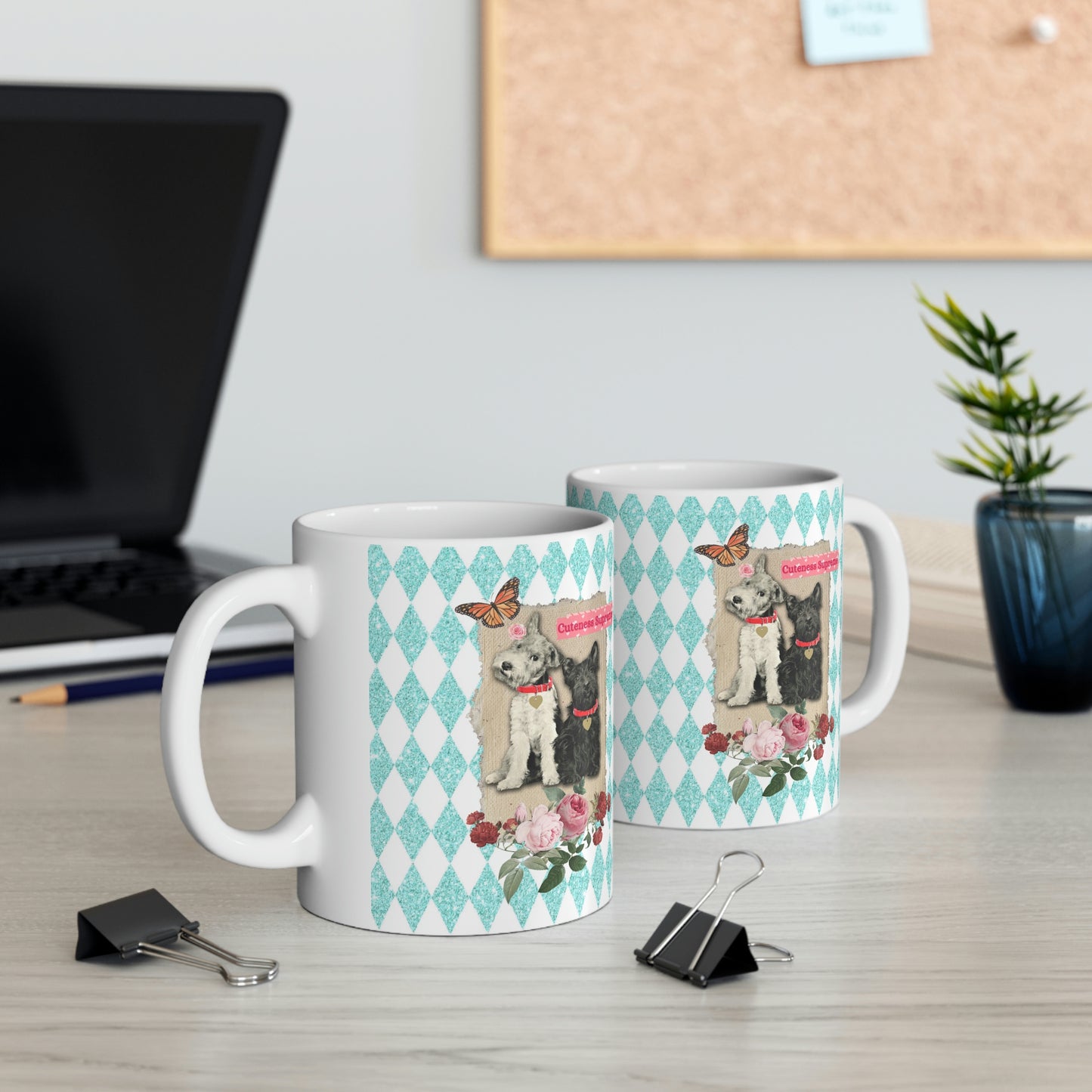 Super Cute, Jack Russell Terrier and Scotty Dog, Ceramic 11oz Mug, Pretty Aqua Harlequin Glitter Print, Roses, Vintage Mixed Media Graphic