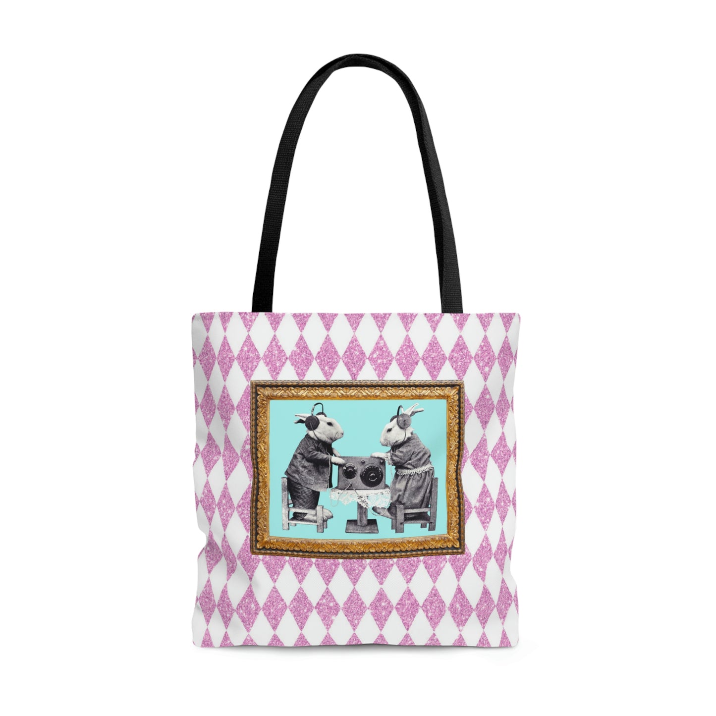 Cute Shopping Tote Bag in 3 Sizes, Bunnies in Headphones Vintage Photo, Hot Pink Harlequin Glitter Print, Bunny Lover Gift, Easter Spring
