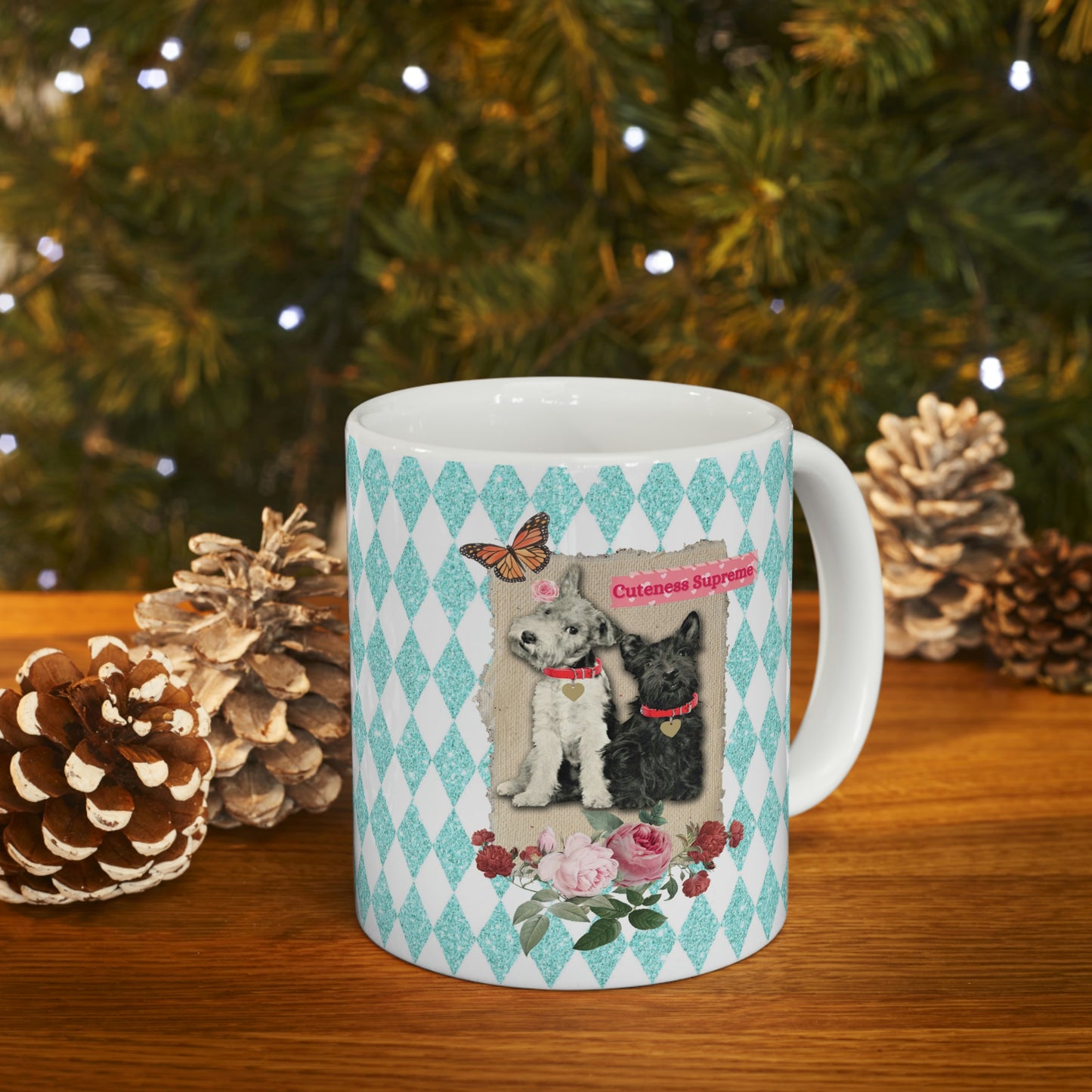 Super Cute, Jack Russell Terrier and Scotty Dog, Ceramic 11oz Mug, Pretty Aqua Harlequin Glitter Print, Roses, Vintage Mixed Media Graphic