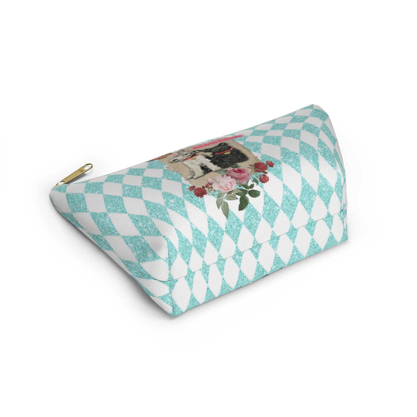 Super Cute T-Bottom Travel Pouch Makeup Bag, Jack Russell and Scotty Dog Graphic, Aqua Glitter Harlequin Print Background, Two Size Options