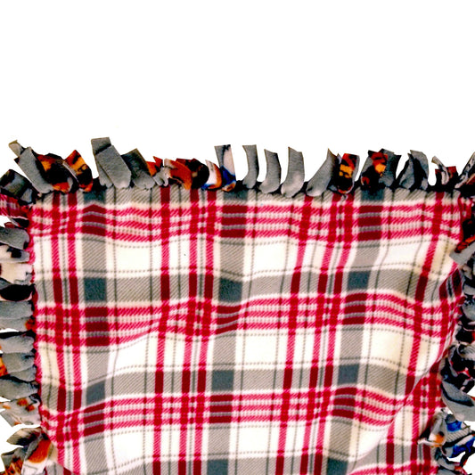 Reversible, 2-Sided Fleece Stroller/Crate Dog Blanket : Gray, w. Dogs and Red Plaid back 26" x 26" - LEAGUE OF CRAFTY CANINES