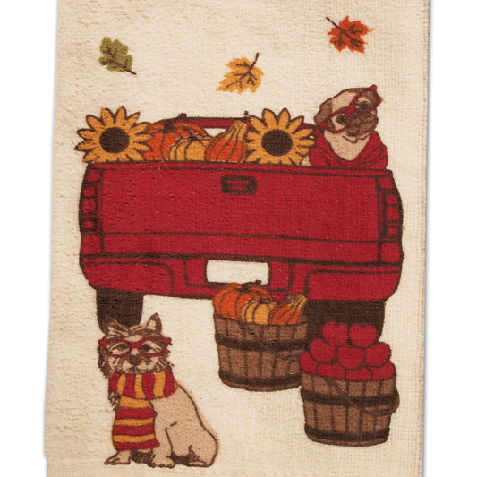 Frenchie Dog Tea Towel - Fall Leaves and Dogs - Thanksgiving Kitchen Towel - LEAGUE OF CRAFTY CANINES