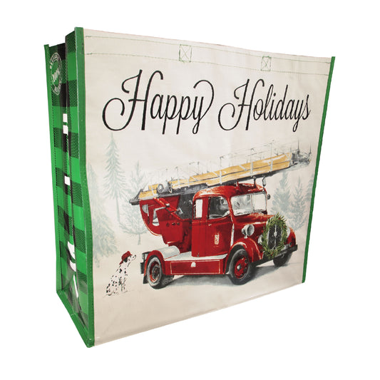 Reusable Eco Friendly Christmas Shopping/Gift Bag Medium - Happy Holidays Fire Truck Dog - LEAGUE OF CRAFTY CANINES