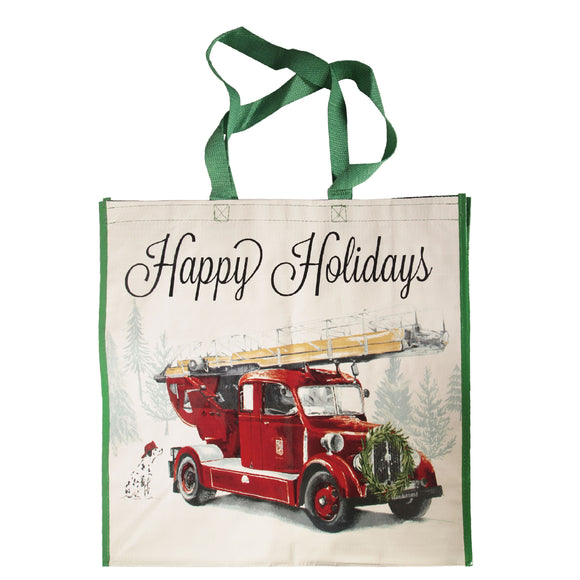 Reusable Eco Friendly Christmas Shopping/Gift Bag Medium - Happy Holidays Fire Truck Dog