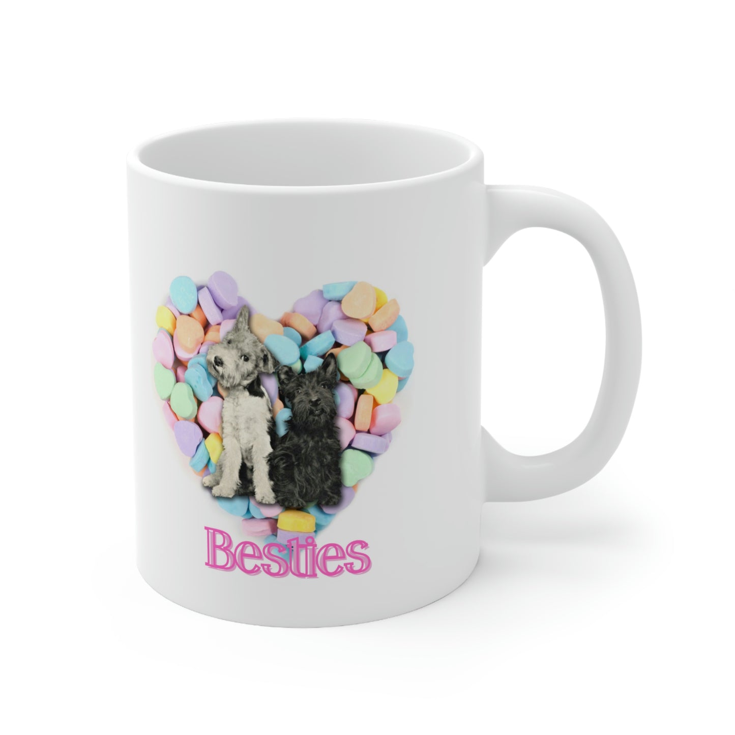Valentine Hearts "Besties" Mug, Cute Dogs and Candy Hearts Ceramic Mug 11oz Galentine's Day Gift