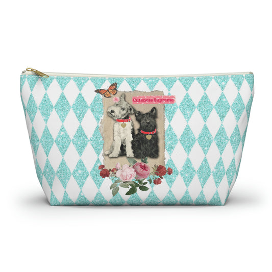 Super Cute T-Bottom Travel Pouch Makeup Bag, Jack Russell and Scotty Dog Graphic, Aqua Glitter Harlequin Print Background, Two Size Options - LEAGUE OF CRAFTY CANINES