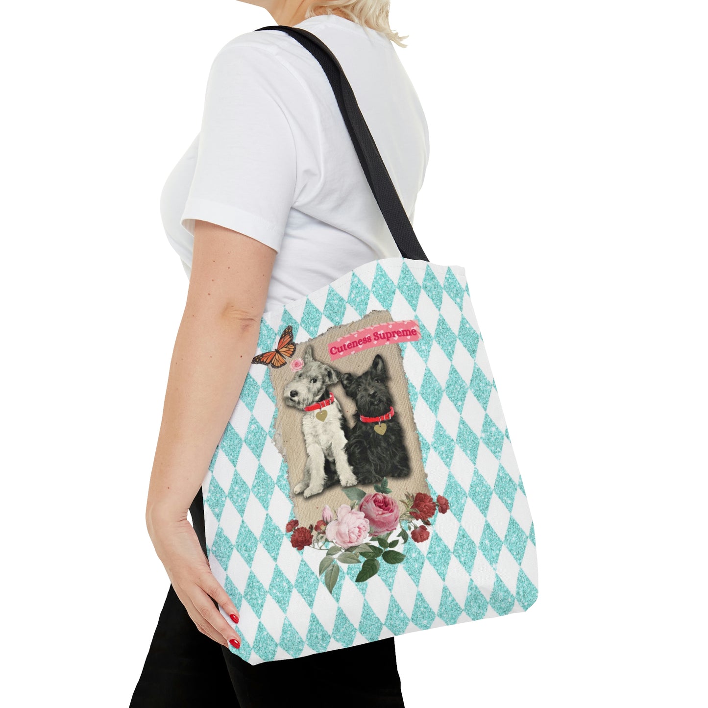 Cute Shopping Tote Bag in 3 Sizes, Aqua Glitter Harlequin Print, Mixed Media Graphic, Vintage Photo Jack Russell Terrier, Scotty Dog, Roses
