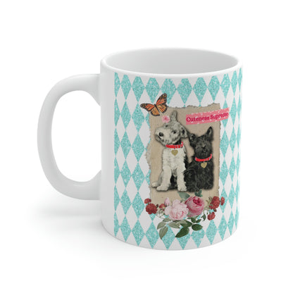 Super Cute, Jack Russell Terrier and Scotty Dog, Ceramic 11oz Mug, Pretty Aqua Harlequin Glitter Print, Roses, Vintage Mixed Media Graphic