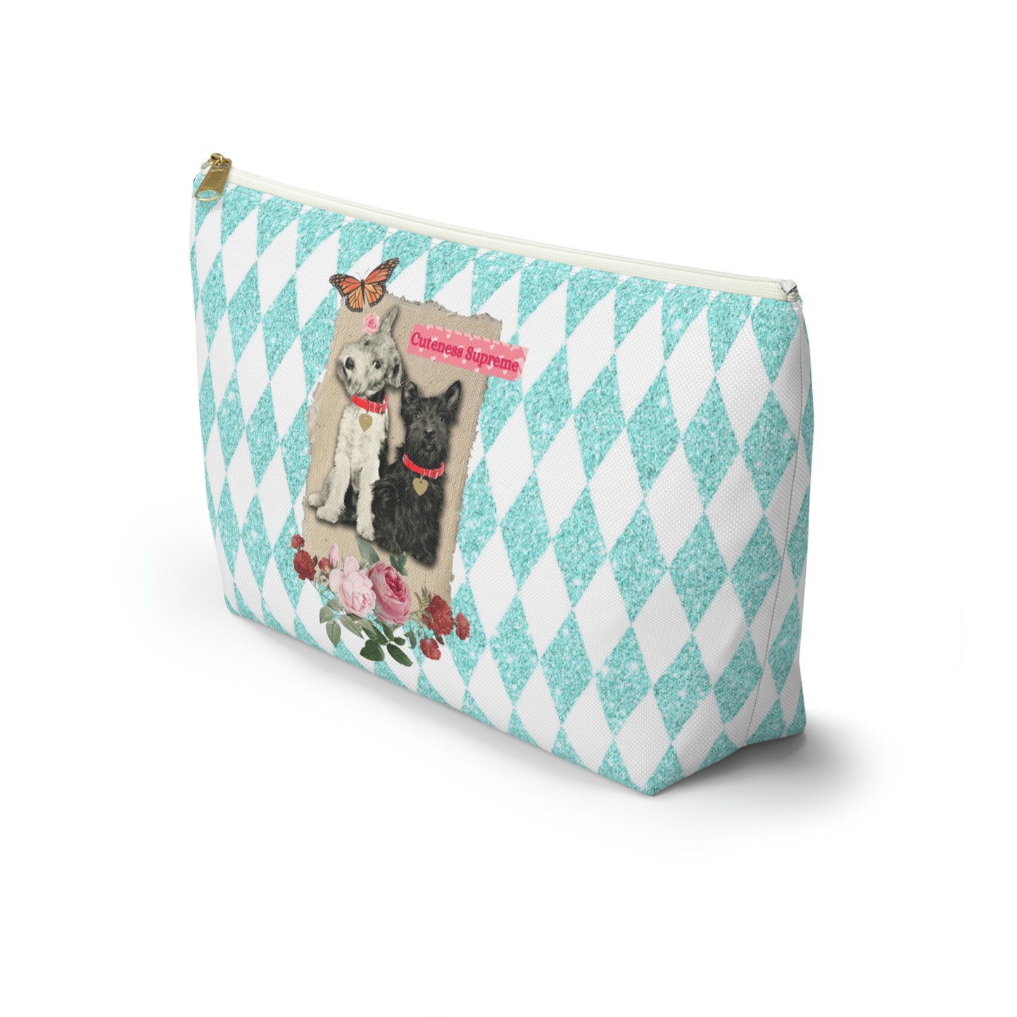Super Cute T-Bottom Travel Pouch Makeup Bag, Jack Russell and Scotty Dog Graphic, Aqua Glitter Harlequin Print Background, Two Size Options