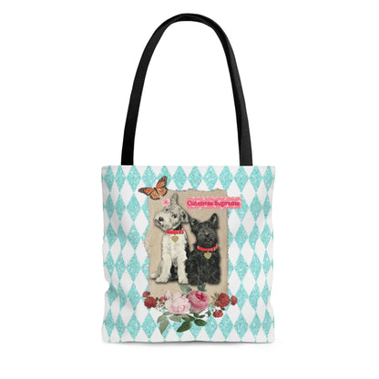 Cute Shopping Tote Bag in 3 Sizes, Aqua Glitter Harlequin Print, Mixed Media Graphic, Vintage Photo Jack Russell Terrier, Scotty Dog, Roses