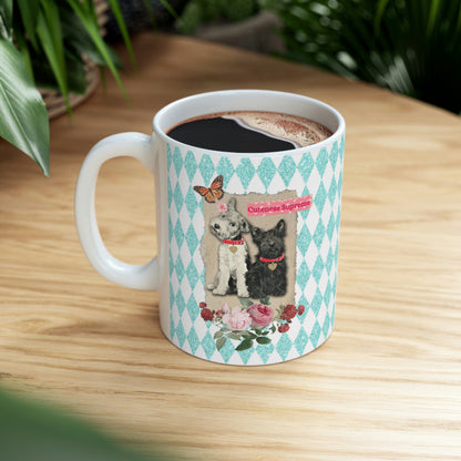 Super Cute, Jack Russell Terrier and Scotty Dog, Ceramic 11oz Mug, Pretty Aqua Harlequin Glitter Print, Roses, Vintage Mixed Media Graphic