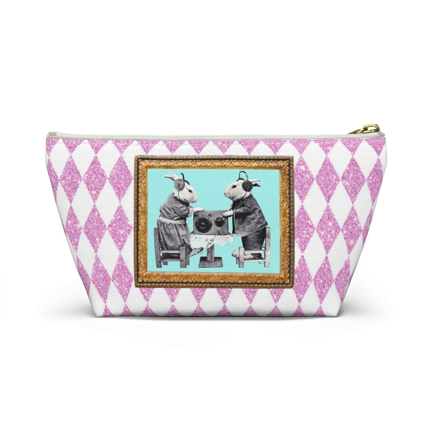 Bunnies in Headphones Graphic on T-Bottom Travel Pouch Bag, Hot Pink Glitter Print Harlequin Background, Two Convenient Size Options