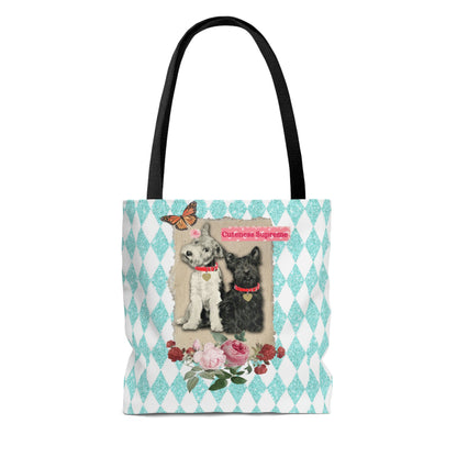 Cute Shopping Tote Bag in 3 Sizes, Aqua Glitter Harlequin Print, Mixed Media Graphic, Vintage Photo Jack Russell Terrier, Scotty Dog, Roses