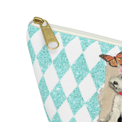 Super Cute T-Bottom Travel Pouch Makeup Bag, Jack Russell and Scotty Dog Graphic, Aqua Glitter Harlequin Print Background, Two Size Options