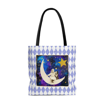 Cute Shopping Tote Bag, 3 sizes, Periwinkle Glitter Harlequin Print, Vintage Photo Girl on Crescent Moon, Boston Terrier, Gold Stars Accent